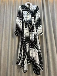 2025 Spring Summer Design Irregular Party Maxi Dress Female Lantern Sleeve Bow Elegant Belt Satin Print Casual Dress For Women