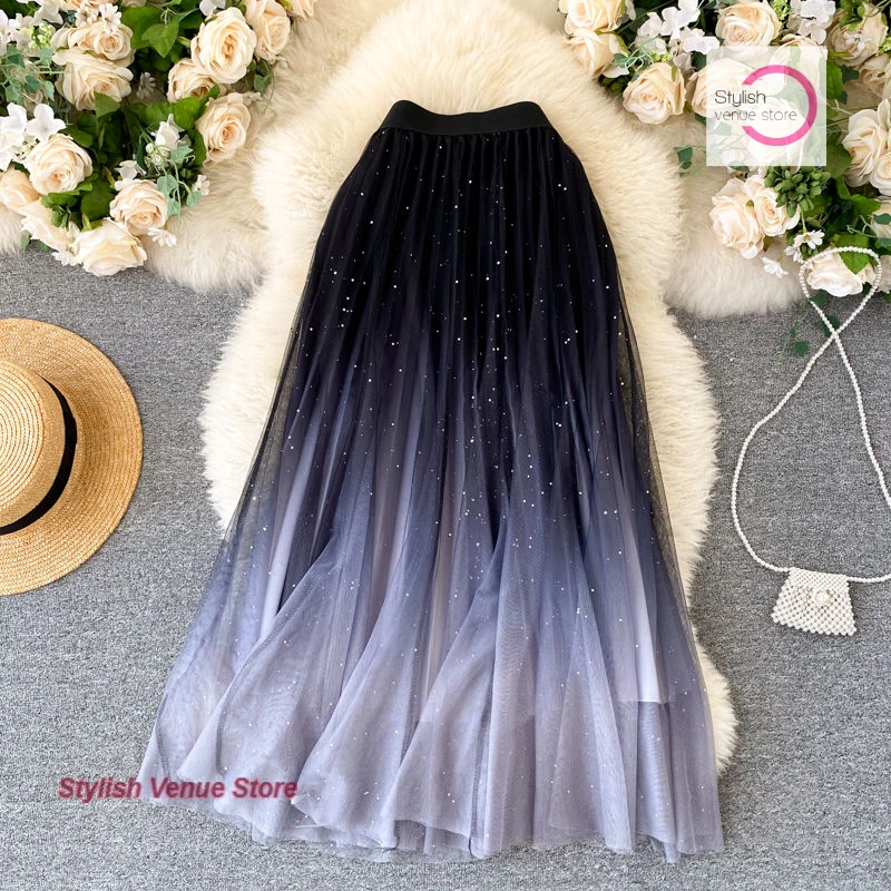 

French starry sky gradient gauze skirt female spring and summer new fashion high waist A pleated skirt sequined chiffon skirt