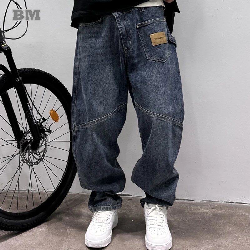 

Vintage Baggy Jeans For Men American Retro Heavyweight Stone Washed Distressed Denim Streetwear Korean Trendy Blue Long Pants
