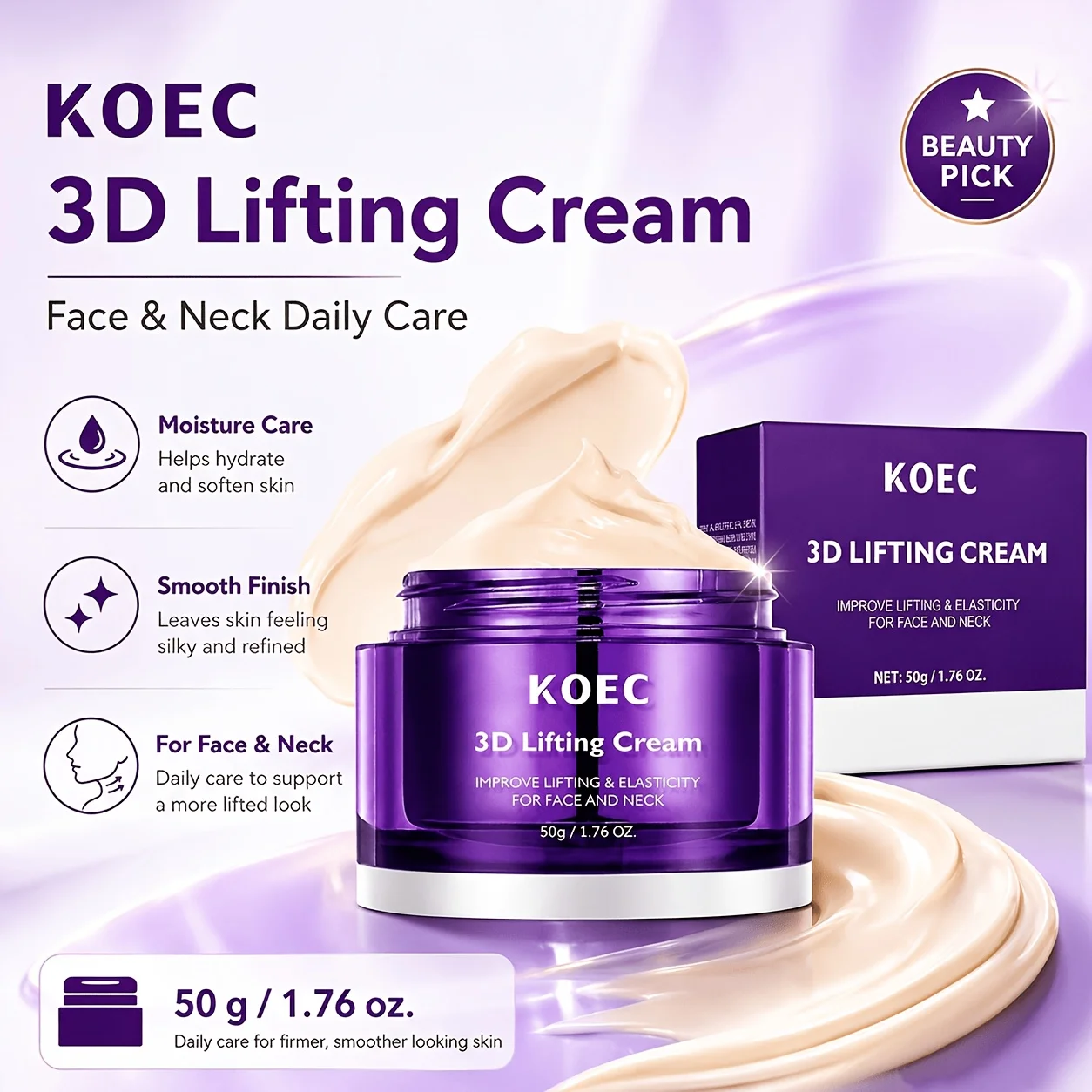 3D Lifting Cream, Firming Skin with Plant Squalane, Shea Butter & 16-Peptide Complex, Improves Uneven Skin Tone, Suitable for All Skin Types, Hydrating & Moisturizing Face Cream, 50g/1.76oz