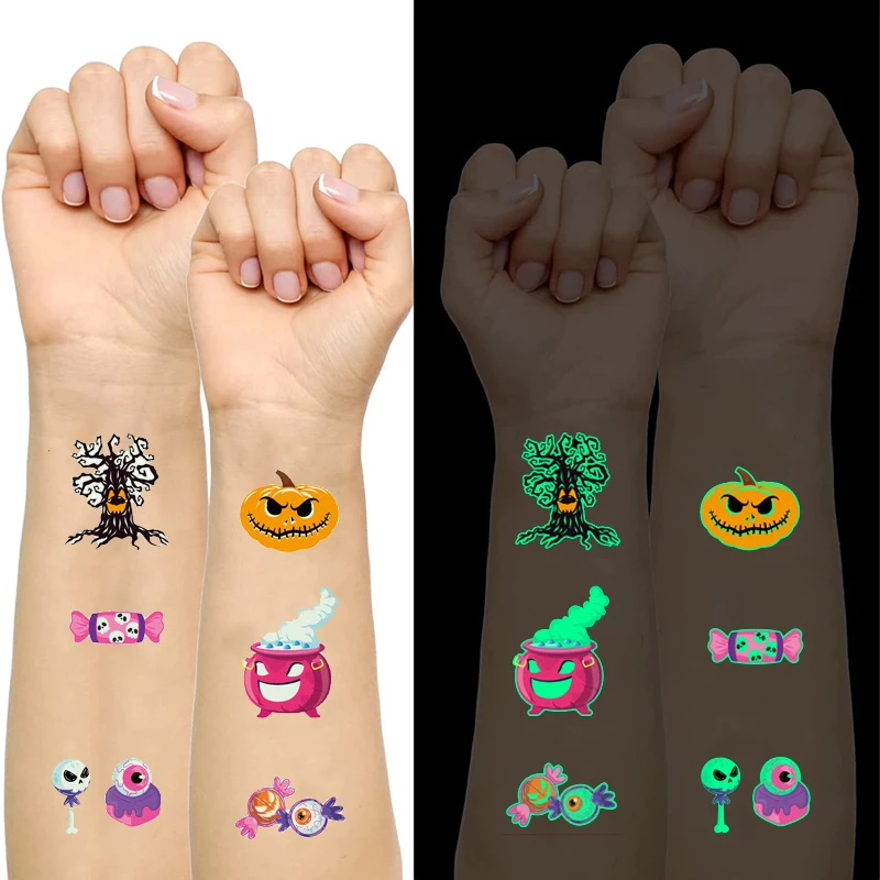 Halloween Luminous Tattoos for Kids Pumpkin Styles Temporary Tattoos Stickers Boys Girl Glow Party Supplies Gifts for Children