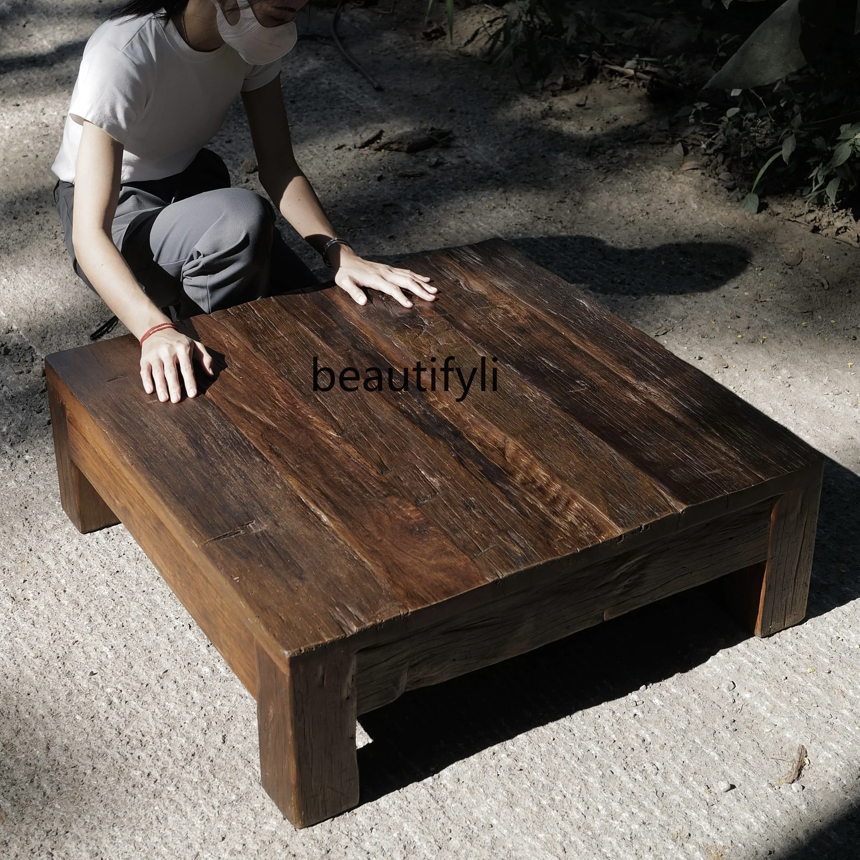 Ancient wood wabi-sabi wind short square table solid wood, weathered pattern coffee table solid wood logs, old wood homestay