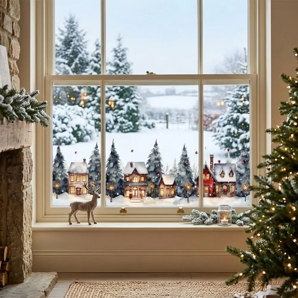Watercolor Style Christmas Village Window Stickers 2D Flat Pattern Static Adhesive Snowy Town Window Cling PVC Vivid Color
