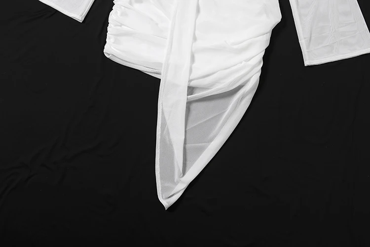 Weird Puss Sexy Kleid mit tiefem V-Ausschnitt, Damenmode, gerafftes Mesh-Patchwork, volle Ärmel, elegant, trendig, Party, Club, pfirsichfarben, figurbetont – Detail 9