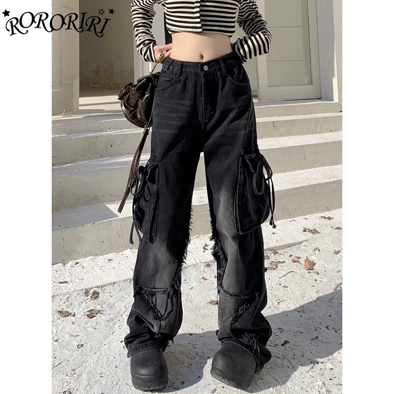 

RORORIRI Vintage Strappy Pockets Women Cargo Jeans Whiskers Do Old Star Raw Edge Big Size Casual Wide Pants High Street Clothes
