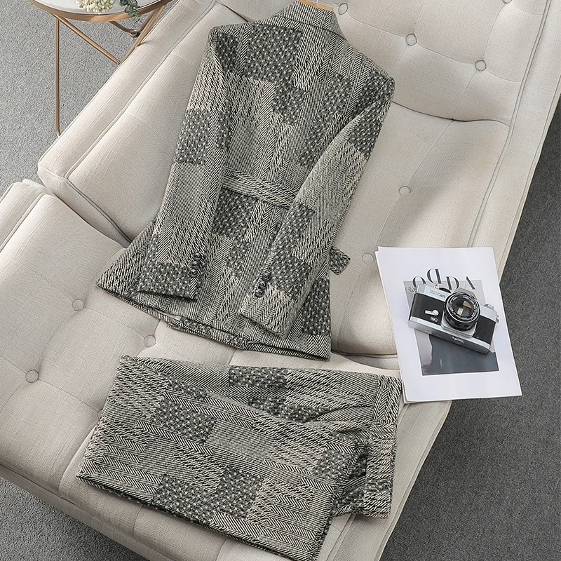 NAVIU Setelan Wanita Elegan Motif Kotak-kotak Abu-abu untuk Musim Dingin, Blazer Lengan Panjang Tebal Profesional Berkualitas Tinggi dan Celana untuk Pakaian Kerja Kantor