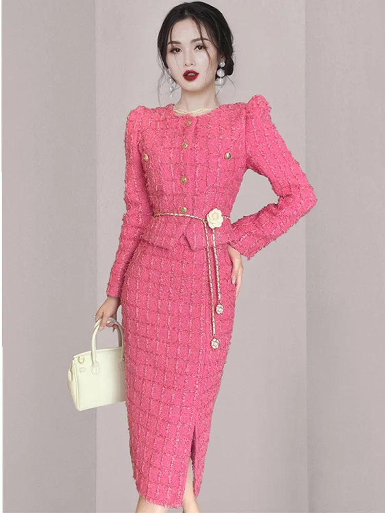 

SMTHMA New Autumn Winter Elegant Two Piece Sets For Women O Neck Long Sleeve Woolen Coat High Waist Slim Tweed Skirt Set Female