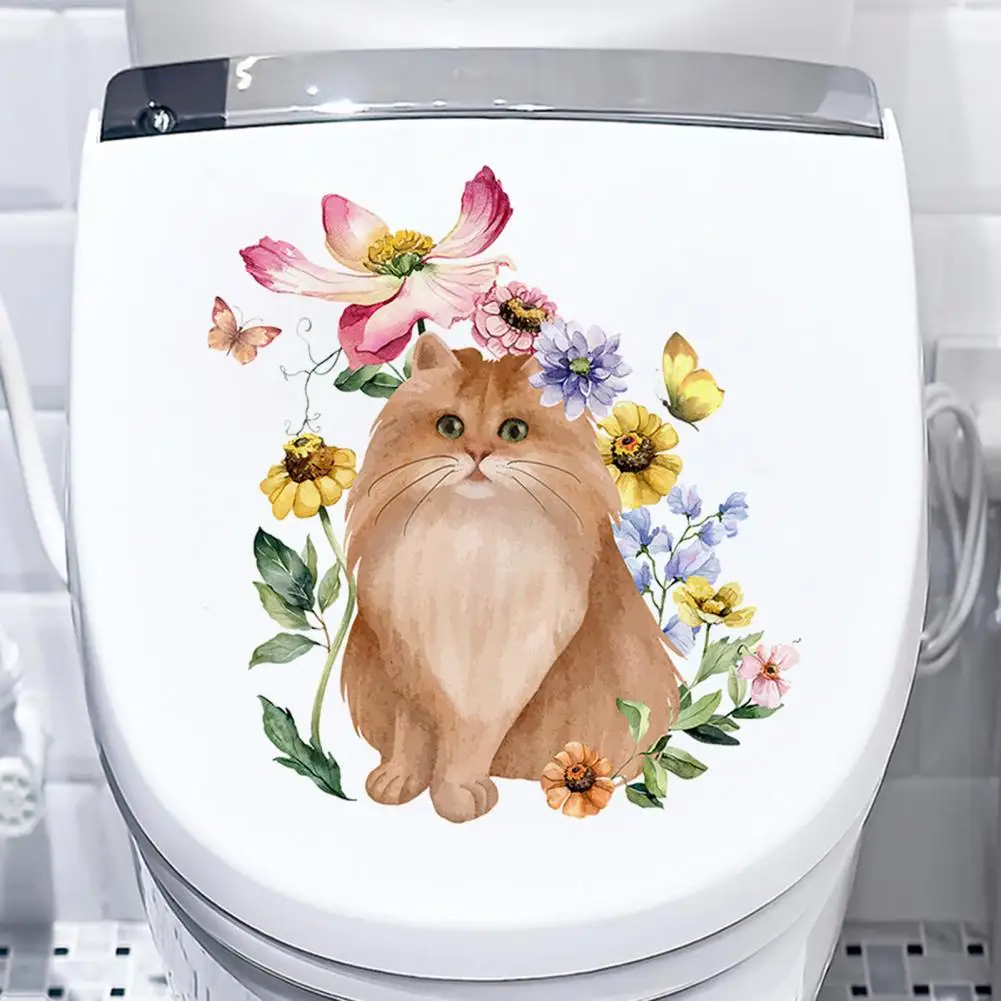 Decorative Toilet Sticker Whimsical Cat Flower Butterflies Toilet Sticker Removable Waterproof Pvc Wall Art for Room Bathroom