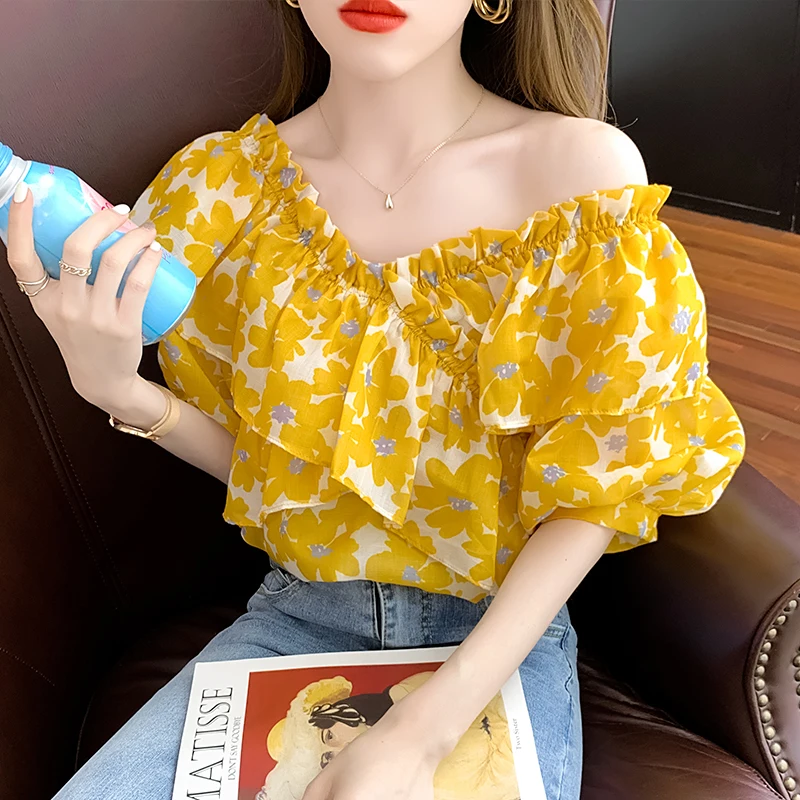 

2023 summer new sweet girl pleated ruffle floral top women's summer thin short-sleeved t-shirt top women
