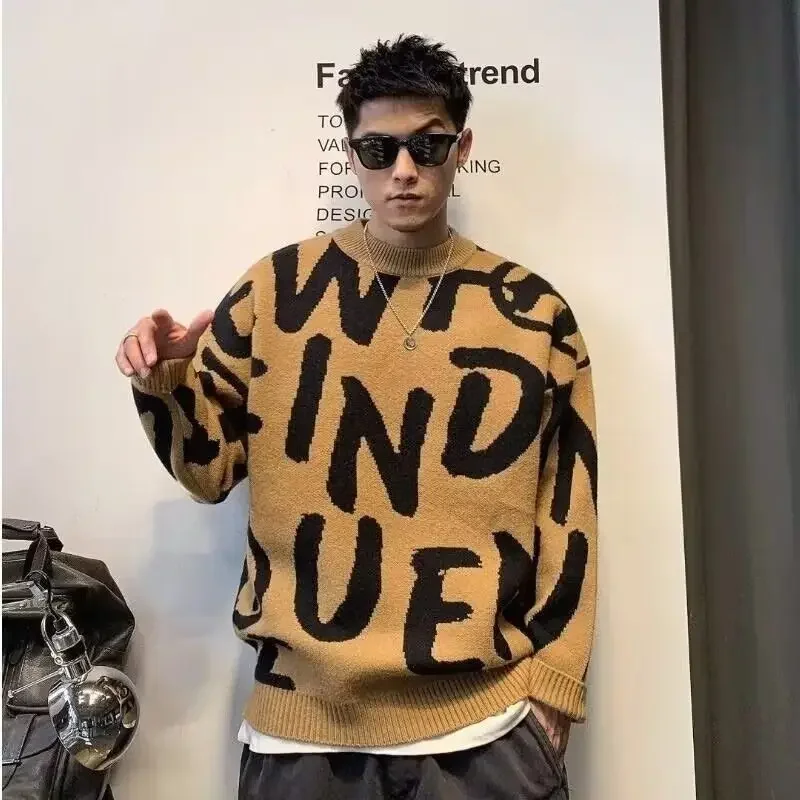 Pop Pullover Man Letter สีเขียวถักเสื้อกันหนาวผู้ชาย Crewneck หลวมรอบคอเสื้อผ้าข้อเสนอ Fit ราคาถูกทอ Top