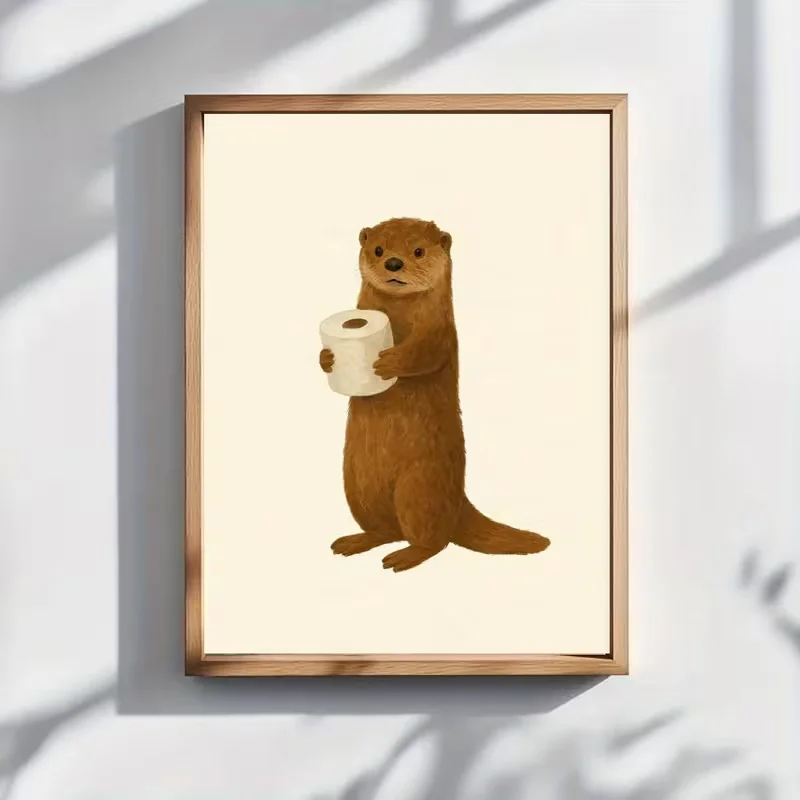 2D Flat, 2D Flat 1pc Unframed Cute Otter Holding Toilet Paper - Modern Minimalist Canvas Wall Art, Poster Print, Artwork Wall Pa