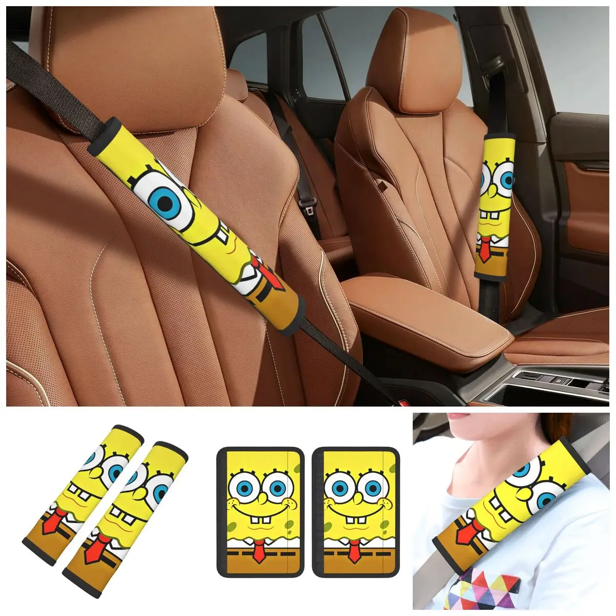 2 Pack SpongeBobed Anime Cartoon Car Seat Belt Pads Comfy Backpack Shoulder Pad Automotive Seat Belt Cushion Pad Cover