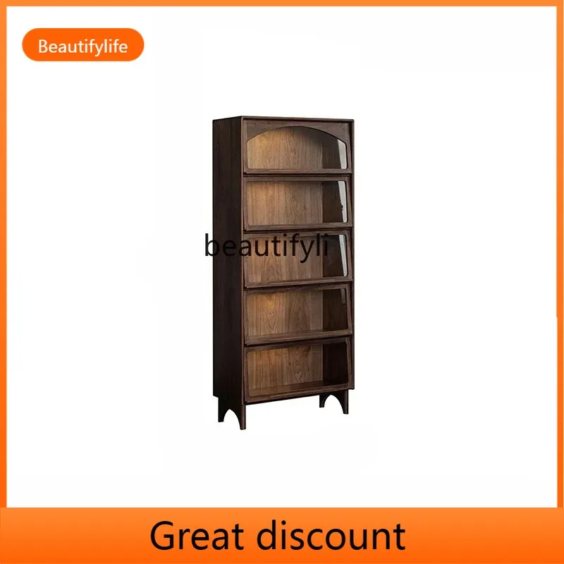 

QQ45 Black Walnut Nordic Bookcase Bookshelf Furniture Storage Living Room Display Cabinet with Glass Door