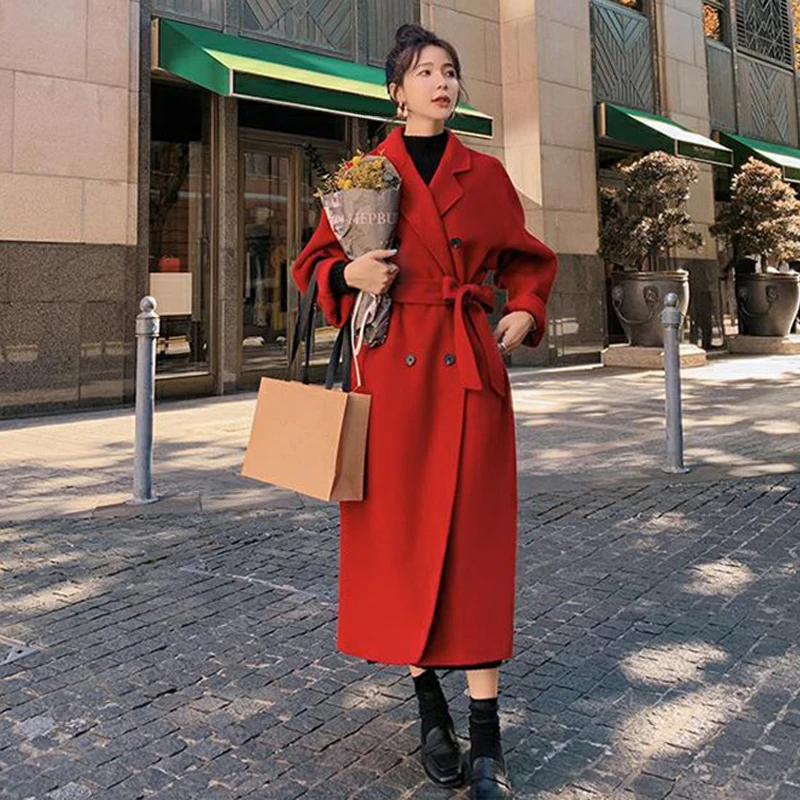 

2023 Autumn winter outfits for women Red Black Loose Long Wool Coat Jacket With Belt Woolen Overcoat Suit Jacket Elegant Coats