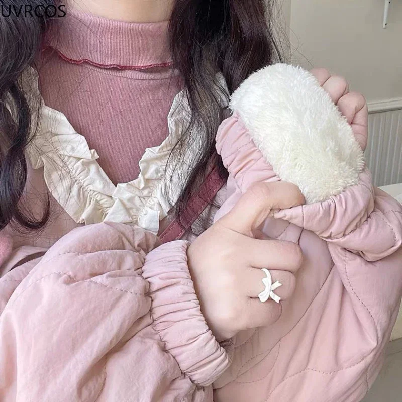 Chaqueta holgada y cálida de estilo coreano para mujer, parka elegante con cuello de volantes, Abrigo acolchado estilo japonés Harajuku Kawai, 2023