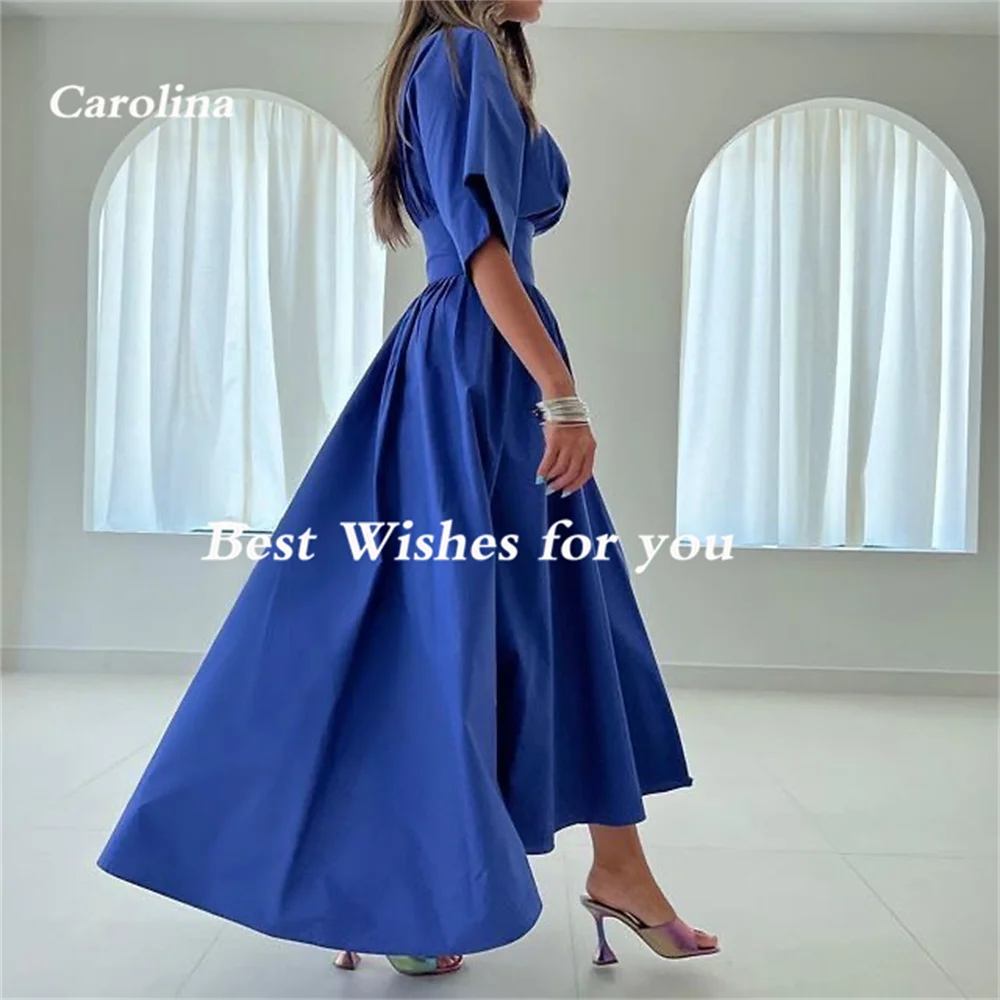 Carolina Elegant V-Neck Evening Dresses Blue Half Sleeves Open Back A-Line Simple Vintage Robe De Mariée Party Gown Women