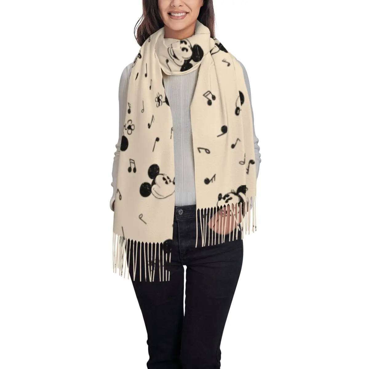 Women\'s Scarf with Tassel Vintage Mickey Minnie Metal Lunch Box Large Winter Warm Shawl Wrap Daily Wear Pashmina Scarves