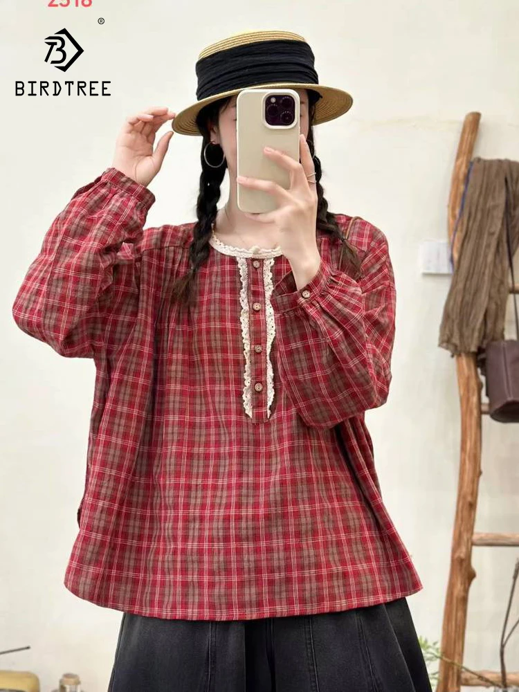 New 2025 Fall Cotton Long Sleeve Shirt, Women O Neck Plaid Ruffles Patchwork, Mori Girl Retro Preppy Style Loose Blouse T5O582CC