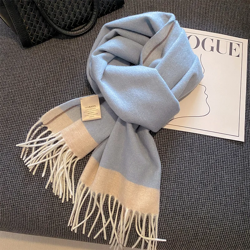 Autumn and Winter 100% Wool Scarf Women\'s Gentle Versatile Border  Thickened Pure  Tassel Shawl