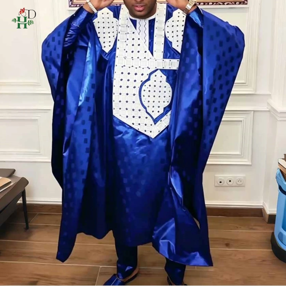 H&D African Traditional Muslim Ramadan Embroidery Wedding Party Thobe Bazin Riche Outfits 3PCS Robe Suit No Cap For Men Agbada