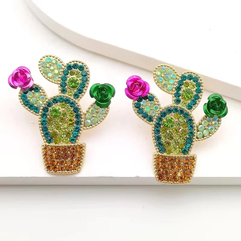 Pendientes bonitos de Cactus con piedra de cristal multicolor, Color dorado, verde, fucsia, azul, verde, diamantes de imitación, pendientes colgantes para mujer, fiesta y boda