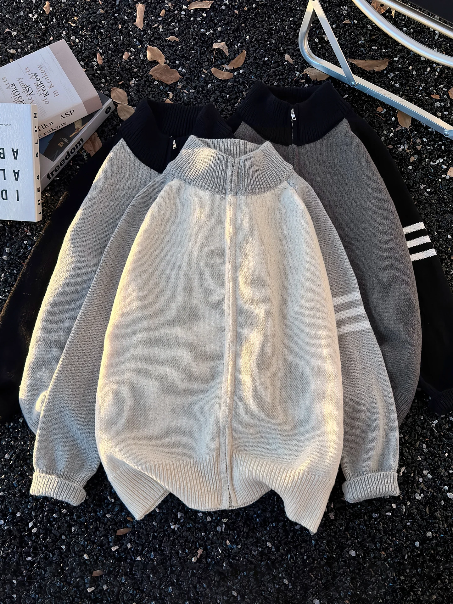 

Men's Zipper f High Collar Open Cardigan Sweater Warm Vintage Teen Knitted Loose Fit Color Blo Sve Autumn Winter Oute...