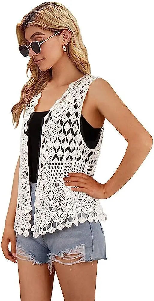 Womens Floral Crochet Lace Boho Trim Sleeveless Open Front Vest Cardigan White Beige