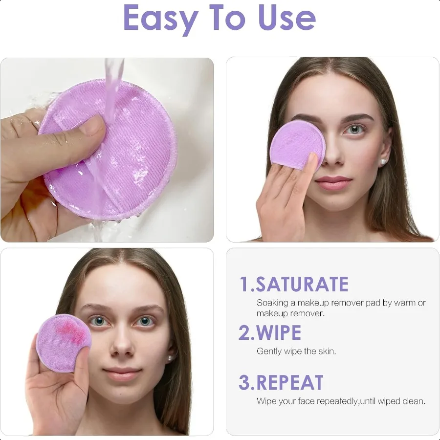 وسادات إزالة المكياج القابلة لإعادة الاستخدام لشفاه عين الوجه 16 عبوة من قفازات تنظيف الوجه المصنوعة من الألياف الدقيقة قابلة للغسل مع حقيبة الغسيل وحقيبة السفر