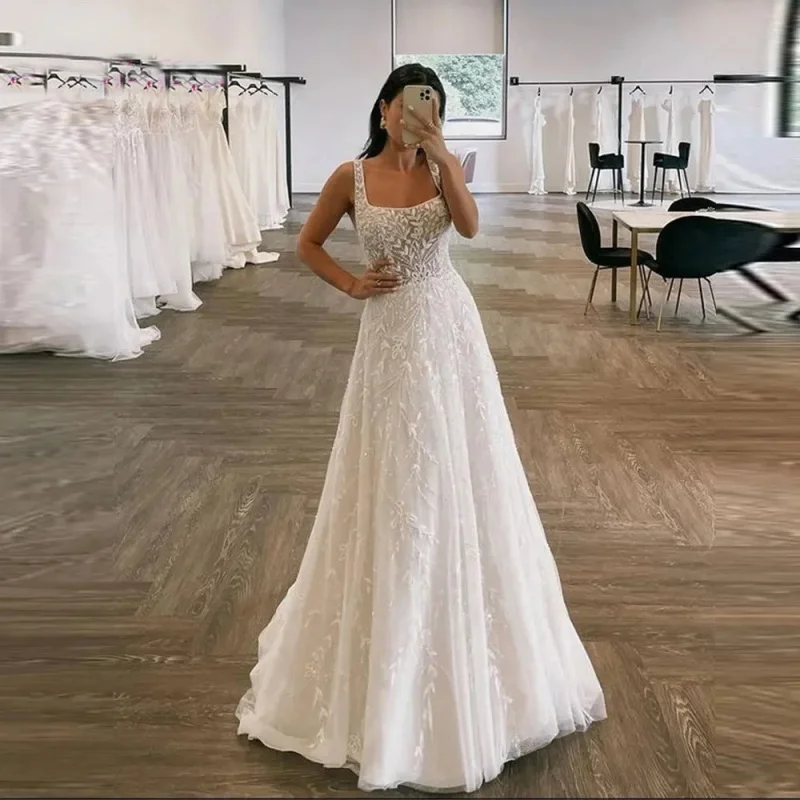 Elegant Lace Floral A-Line Wedding Dress for Bride Wide Straps Floor Length Women Bride Gowns Robe de mariage Plus Size