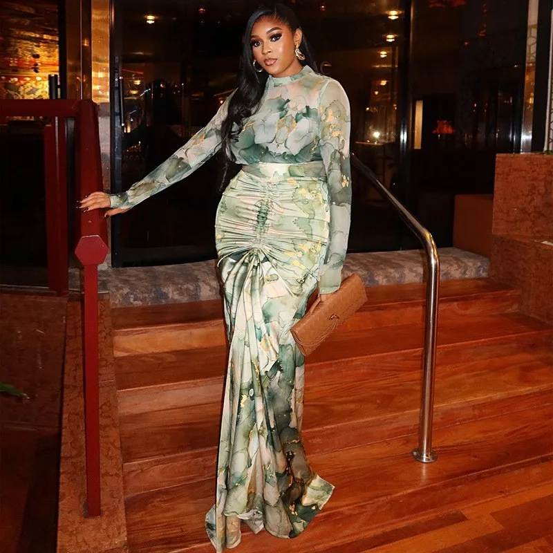 

Spring Women's Clothing Wrap Waist Slim Long Sleeve High Neck 2 Piece Set Elegant Maxi Dress Polyester Milk Silk Ruched Casual