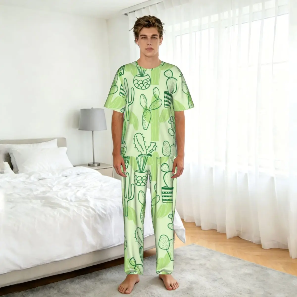 Men Pajamas Suit Short Sleeved Long Pants Cactus Pattern Sleepwear Summer Home Clothing Set view 5