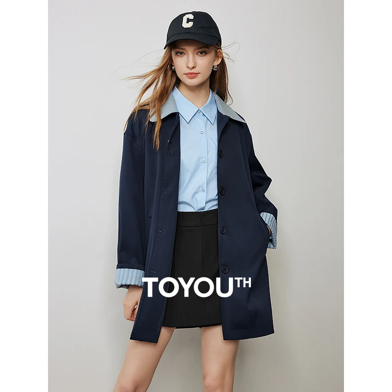 

TOYOUTH Women Trench Coat 2024 Autumn New Contrast Color Patchwork Mid Length Striped Long Sleeve Windbreak Jacket