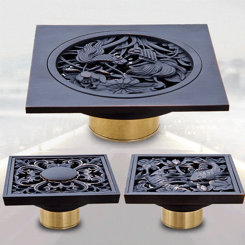 Black Bronze Floor Drain Square Bath Hair Catcher Floor Shower Drain Waste Grate Drain Bathroom Accessorie