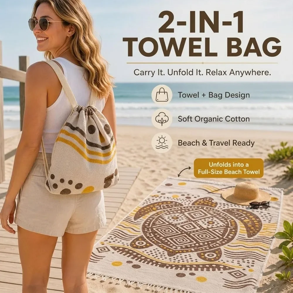 2 in1 Beach Towel Bag Soft Organic Cotton Turtle Print Portable Drawstring Backpack Unfold To Large Beach Towel for Beach Travel