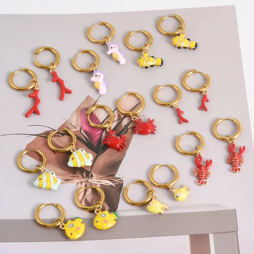 

Cute Marine Animals Coral Tree Clownfish Crab Lobster Seahorse Hoop Earrings Girls Fashion Gifts Summer Beach Jewelry Charms New