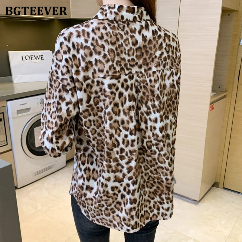 BGTEEVER Autumn Stylish Lapel Women Single-breasted Leopard Printed Blouses Tops Casual Long Sleeve Loose Female Chiffon Shirts