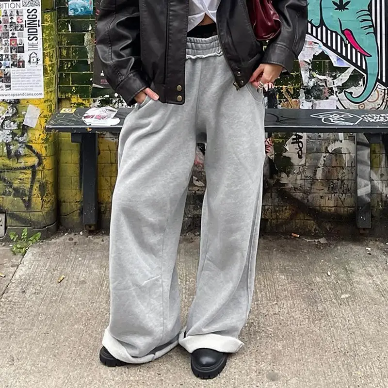 QWEEK Baggy Women Grey Sweatpants Oversized Korean Fashion Jogger Basic Pants Men Hip Hop Streetwear Casual Harajuku Trousers