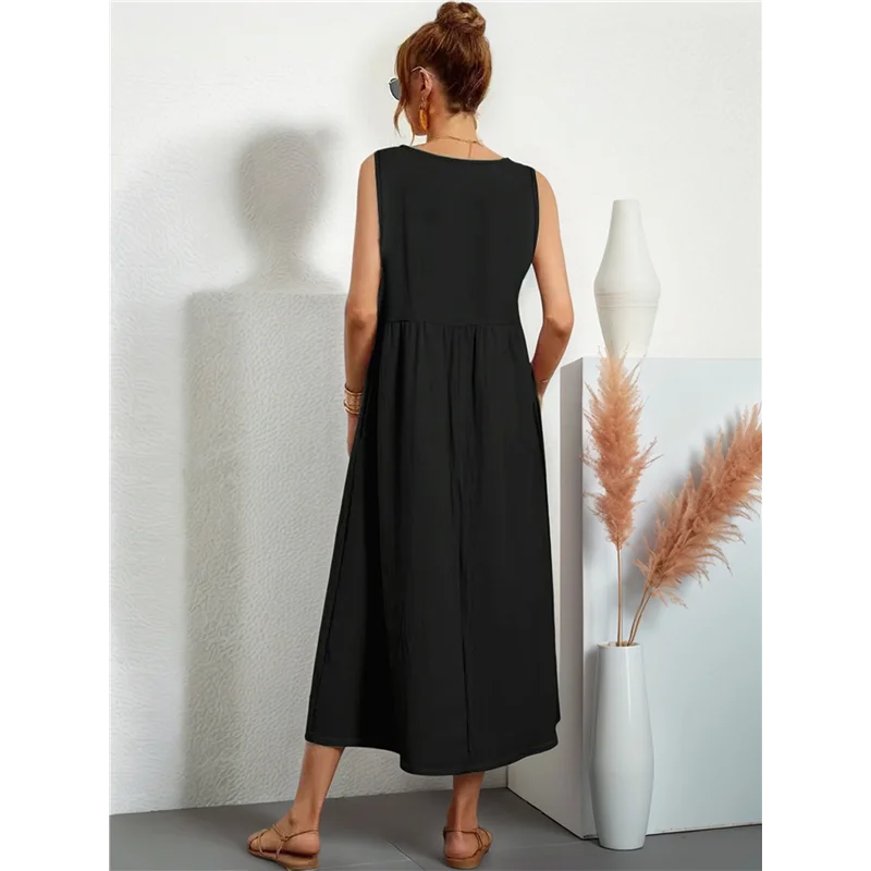 ABRT-Vestido maxi feminino 2025 Vestidos de verão sem mangas com decote em V Vestidos de verão casuais em camadas com bolsos