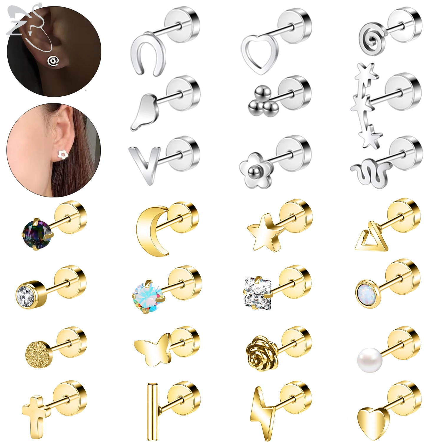 ZS 2pcs/lot 20G 316L Stainless Steel Stud Earring for Women Girl Crystal Earring Gold Color Ear Cartilage Helix Tragus Piercing