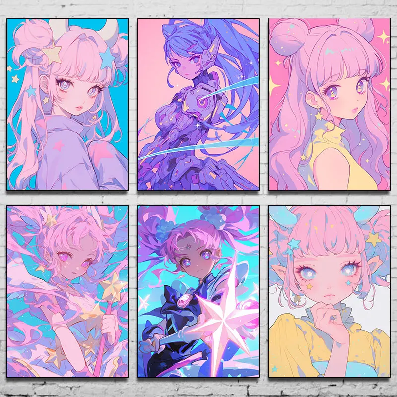 Sevimli çift atkuyruğu kız karikatür görüntü tuval boyama illüstrasyon kız yatak odası dekorasyon için duvar boyaması Modern Anime resim posteri