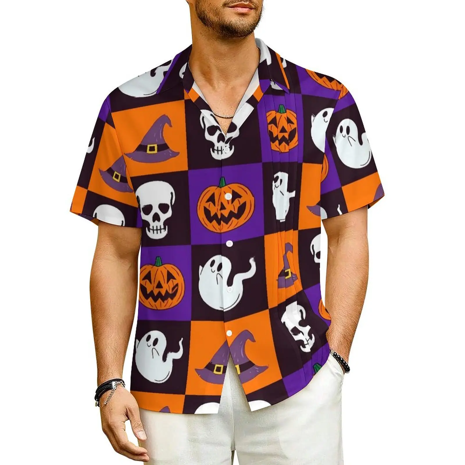 

Cute Ghost Hawaiian Shirt For Man Beach Happy Halloween Casual Shirts Short-Sleeved Y2K Street Design Cool Oversized Blouses