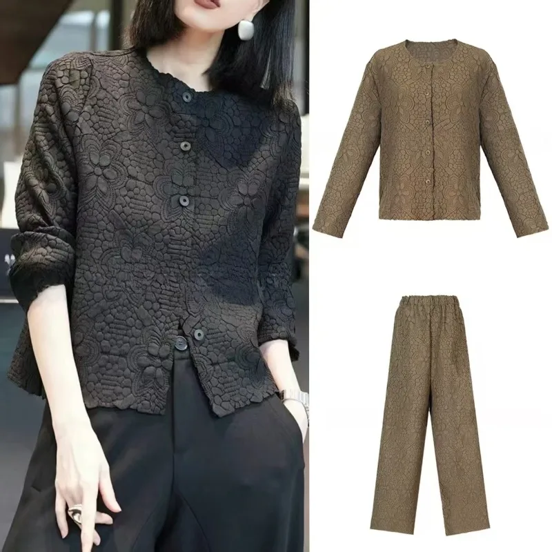 

Комплект плиссированных брюк Miyake, 2024, плиссированная куртка в стиле ретро, весна и осень, новый топ с длинными рукавами для пожилых людей, свободная повседневная верхняя одежда