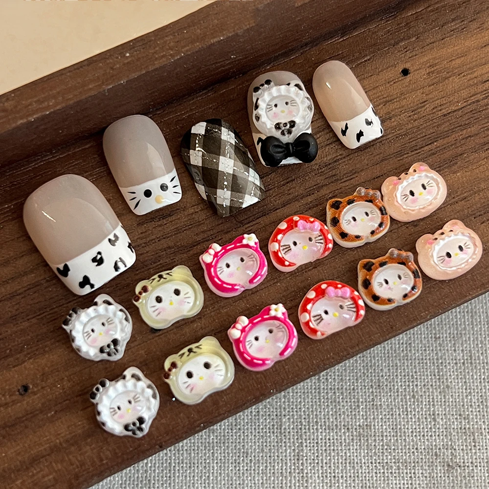 10Pcs 3D Cartoon Resin Hat Kitty Nail Charms Black White/Leopard/Pink Hat Hello Kitty Nail Art Decor Autumn Winter KT Hat Parts