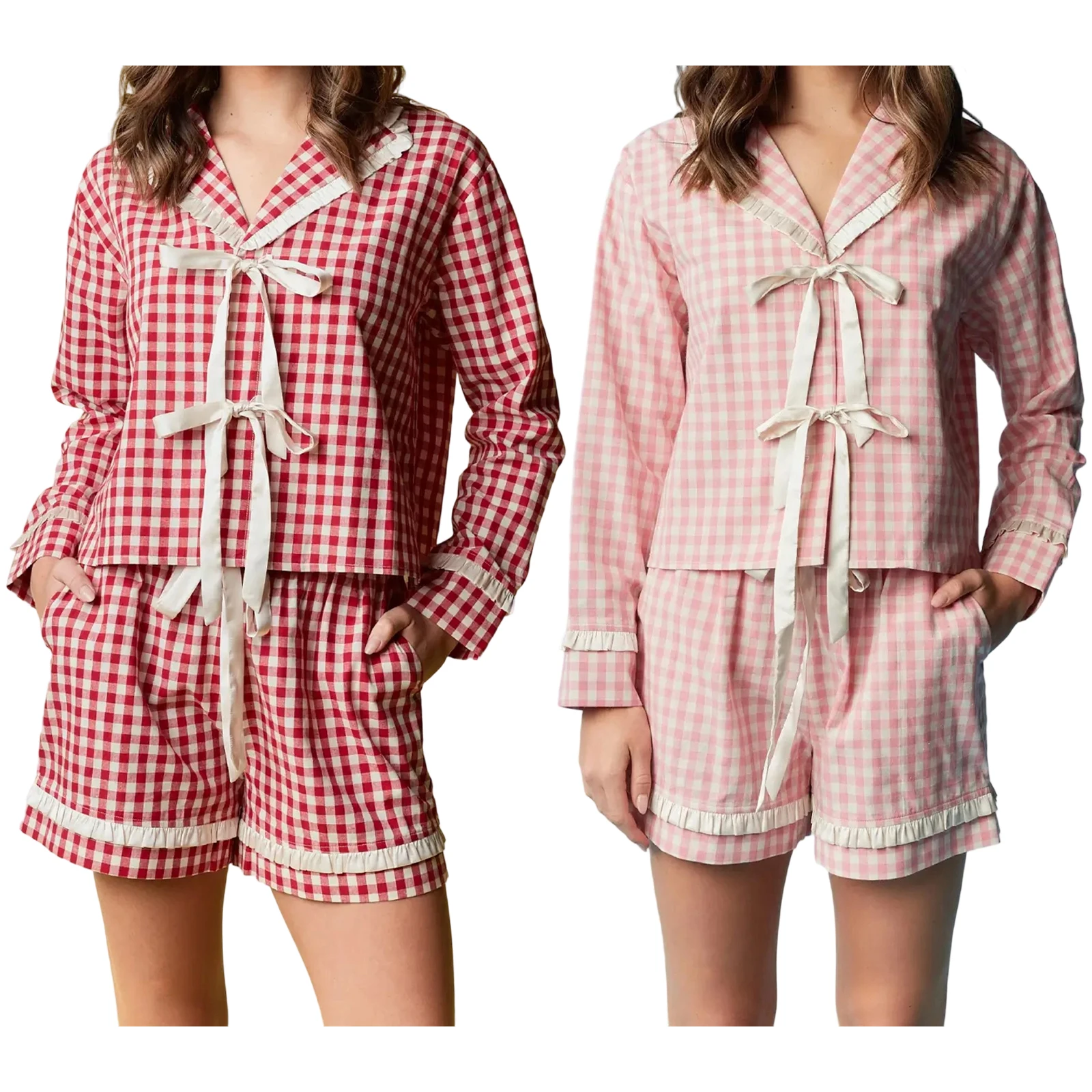 

Women Autumn Aesthetic Plaid Print Pajama Sets Long Sleeve Tie-up Button Down Shirt Shorts Pjs 2 Piece Loungewear Sleepwear