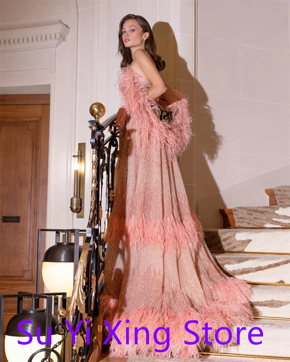 تخصيص رائعة الوردي الشيفون فساتين المشاهير حساسة حمالة شرابة شال المتدرج عارية الذراعين مخصص رداء دي سواريه