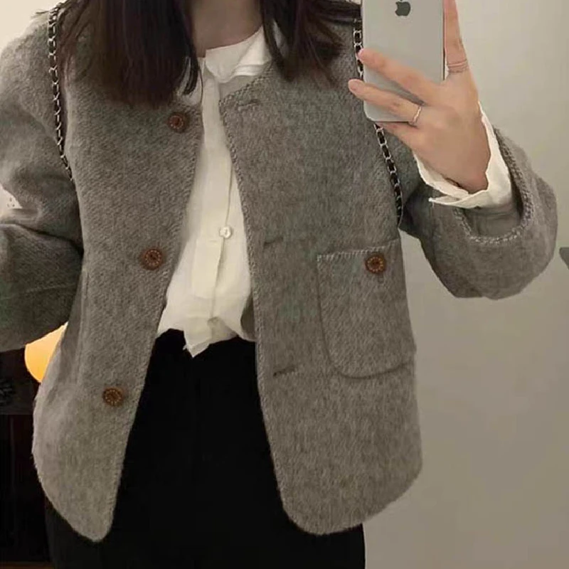 Pure Color College Hepburn Short Woolen Coat Women's Autumn Winter Fashion Sensation Small Size Tweed Coat Korean Style