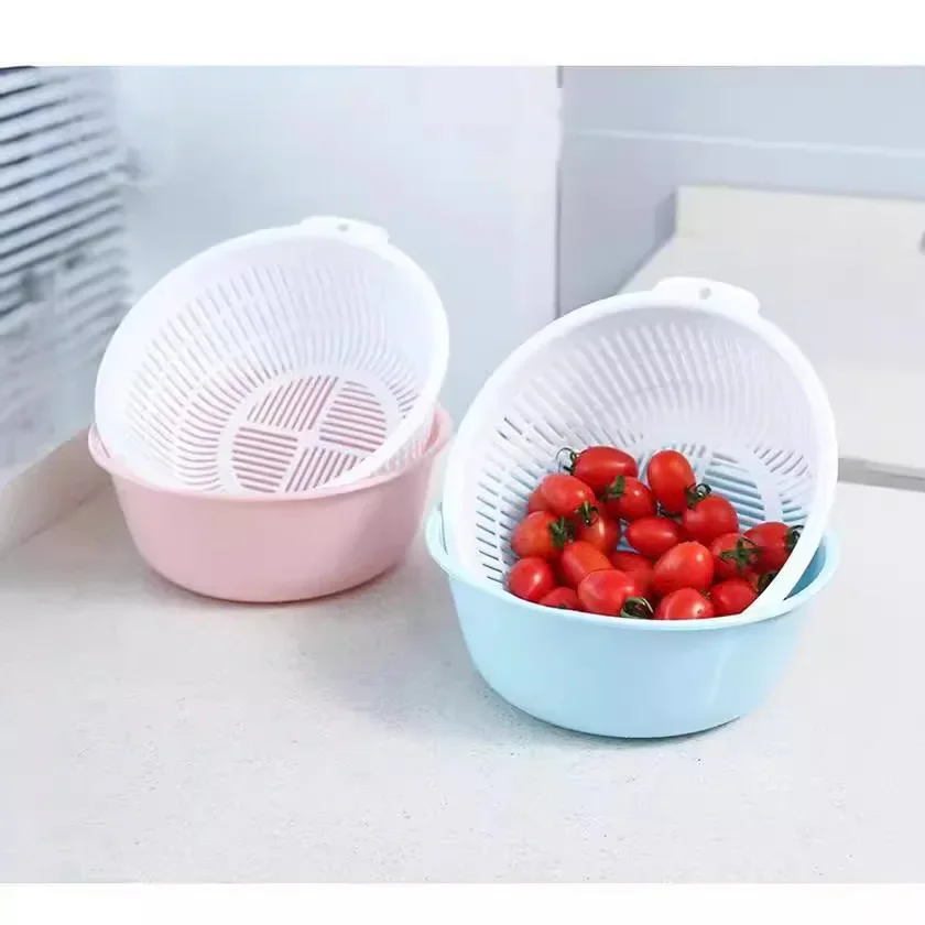 

double-layer plastic drain basket kitchen round fruit and vegetable rice washing basin hollow filter water storage