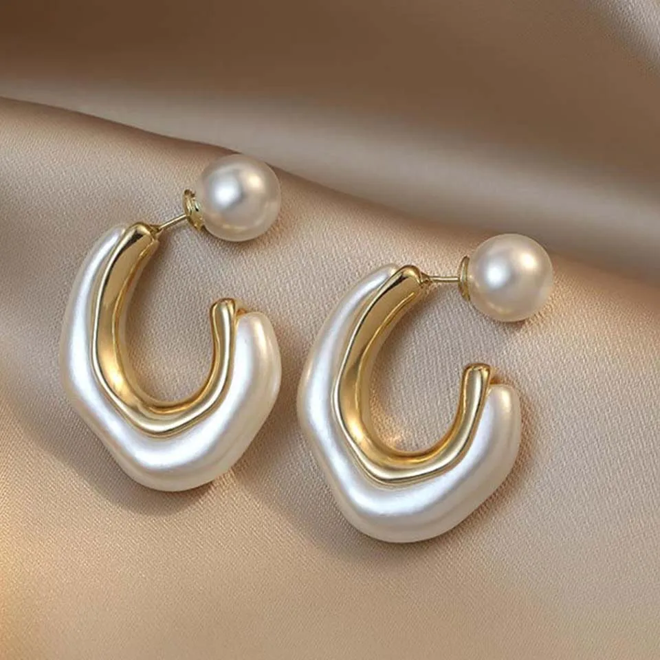 Yupsk New Design Irregular Metal Pearl Earrings for Women Personalized CC Shape Hoop Earring Korean Fashion Jewelry