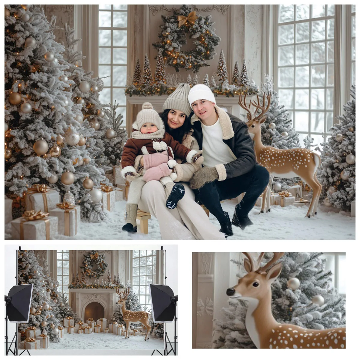 

Winter Christmas Decoration Interior Backdrop European Style Window Snow Forest Christmas Tree Backgrounds for Photographs