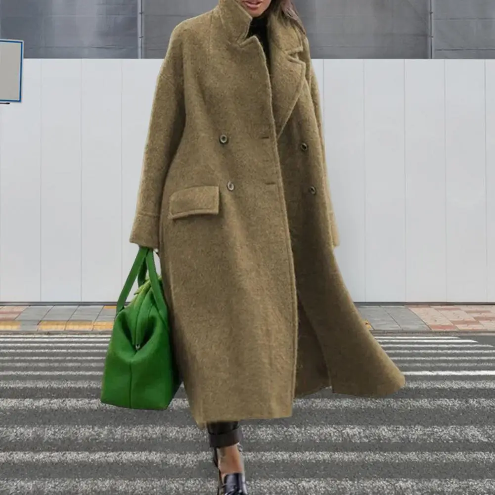 Women Overcoat Solid Color Thickened Double Breasted Outwear Autumn Winter Turndown Collar Long Trench Coat Streetwear